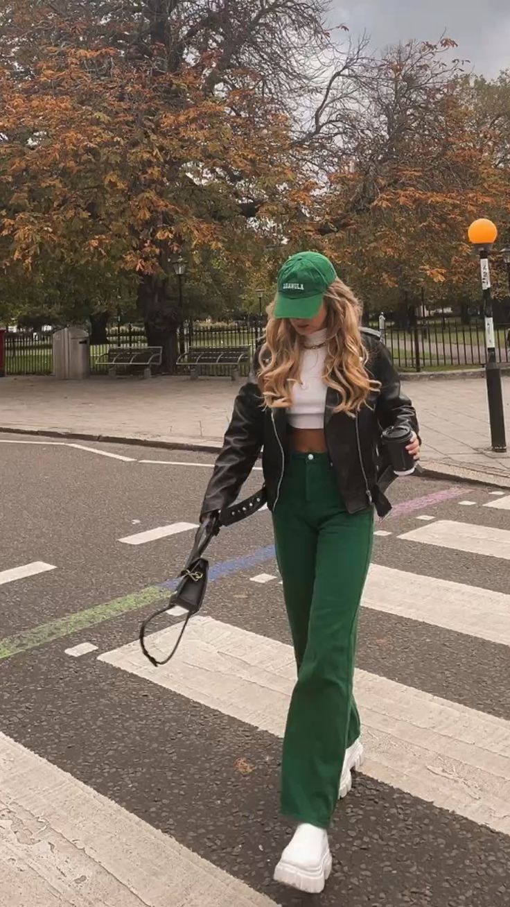 Green Pants with Leather Jacket